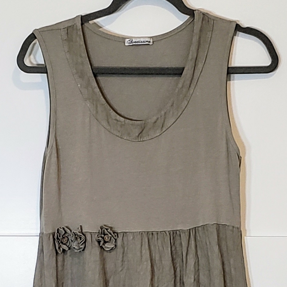 Sweetissima Italy Made Linen Sleeveless Midi Dress Floweretts Olive Gree… - Picture 2 of 16